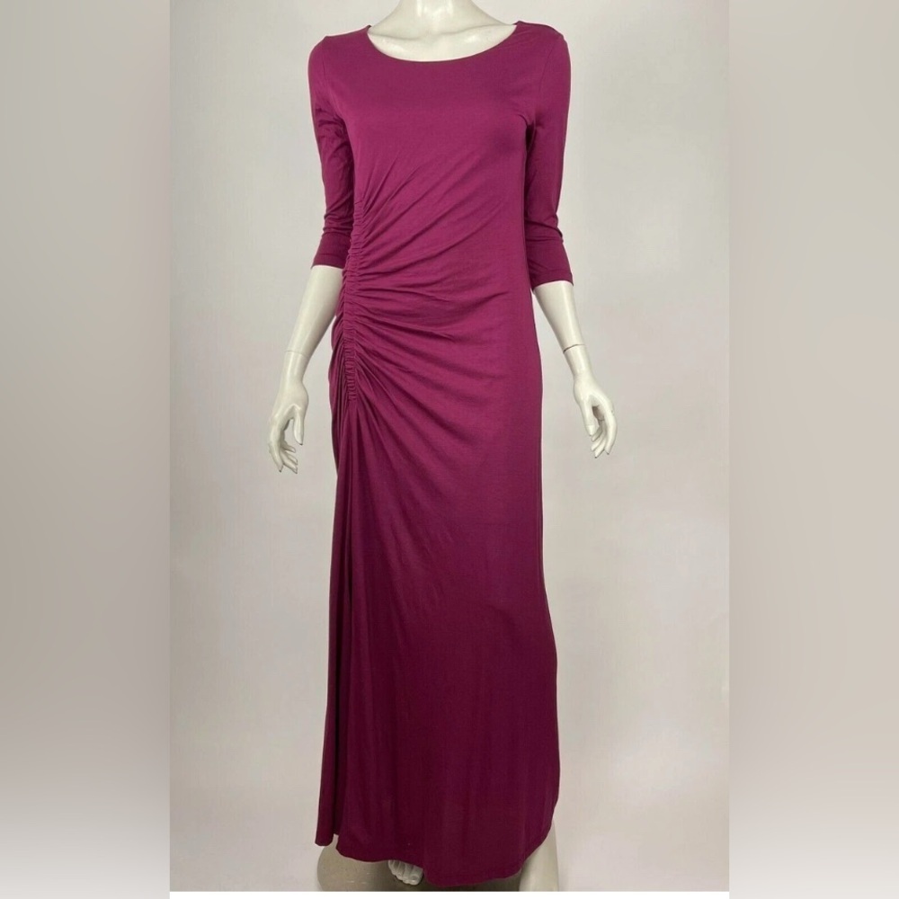 Peruvian Connection Ruched Maxi BLACK Dress Round Neck Stretch Pima Cotton L